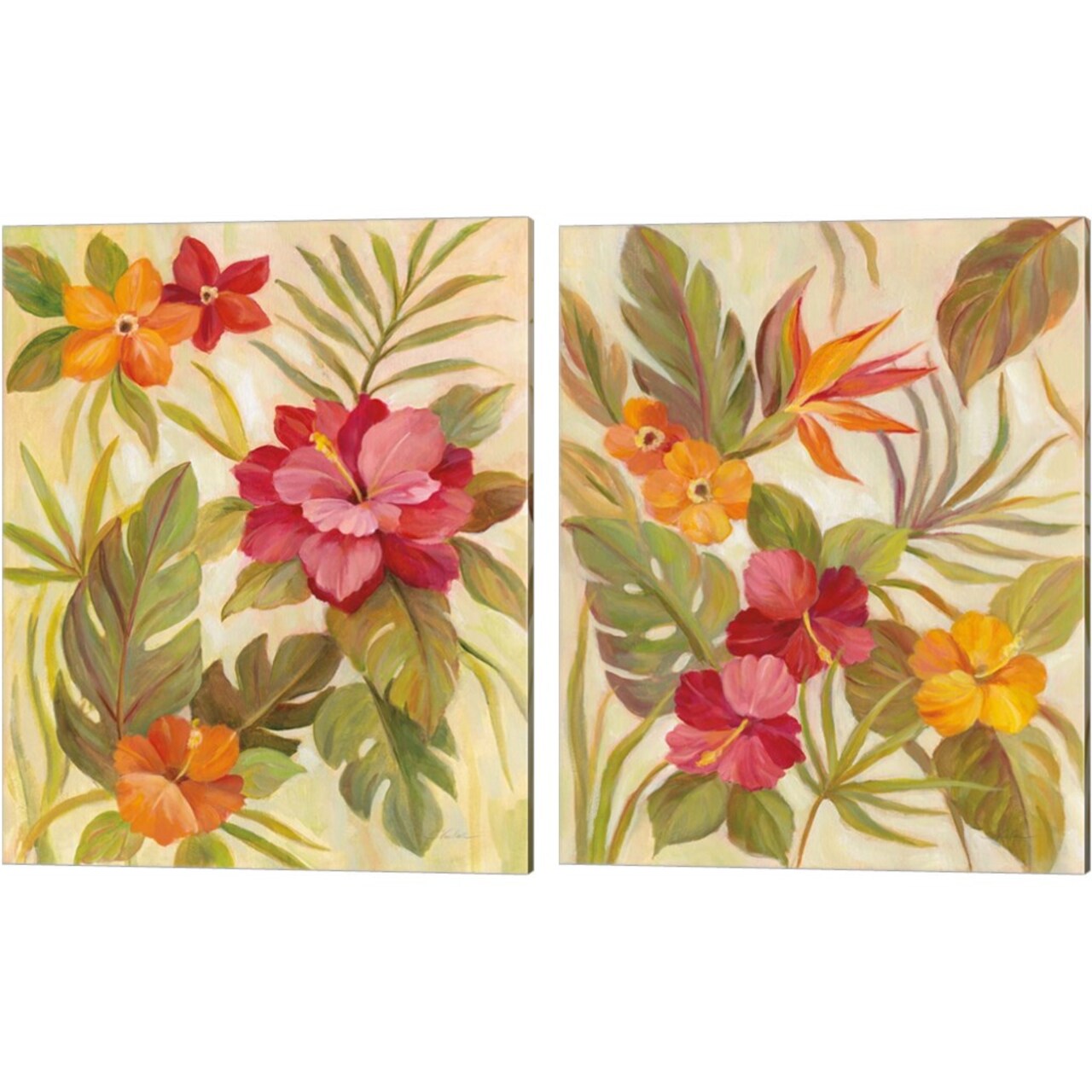 Coral Tropical Floral by Silvia Vassileva 12" x 15" Canvas Wall Art (Set of 2)